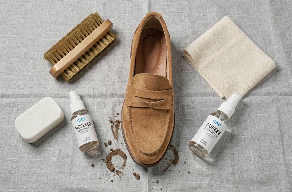 Vue de dessus d'une sélection d'accessoires pour entretenir le daim : brosse, gomme, spray protecteur et mocassin en daim camel sur lin gris