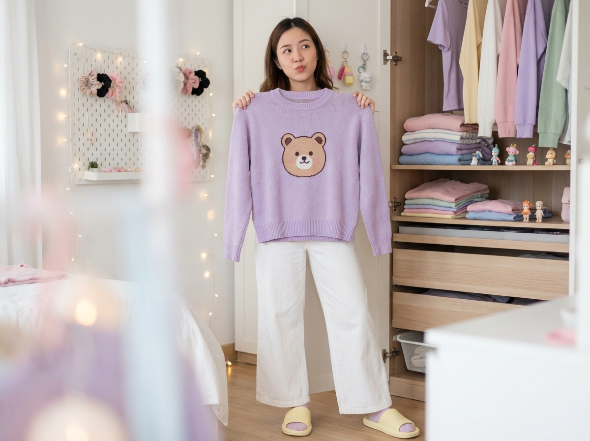 Jeune femme tenant un pull kawaii à motif ourson devant son armoire ouverte remplie de vêtements pastel et d'accessoires kawaii dans une chambre décorée
