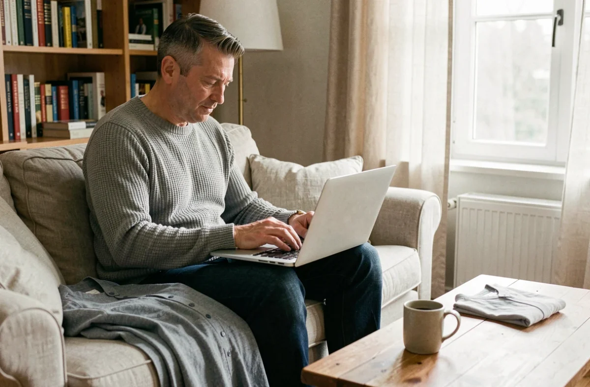 Homme faisant ses achats de vêtements en ligne depuis son domicile sur un ordinateur portable