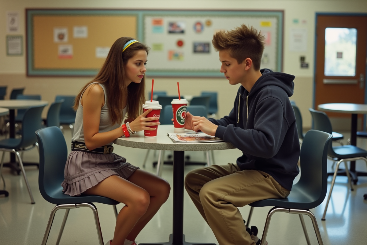 Adolescents discutant dans une cafetéria scolaire 2003