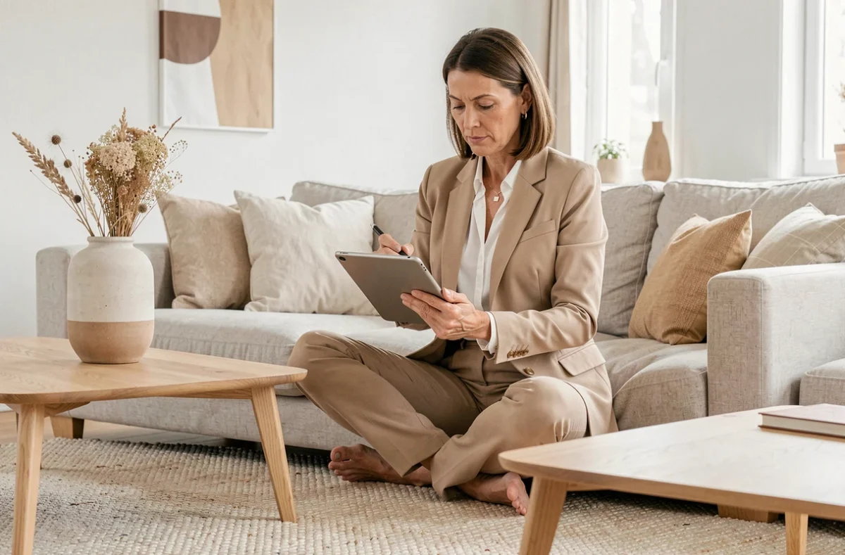 Femme saisissant son adresse de livraison pour une commande de vêtements en ligne sur une tablette dans un salon scandinave