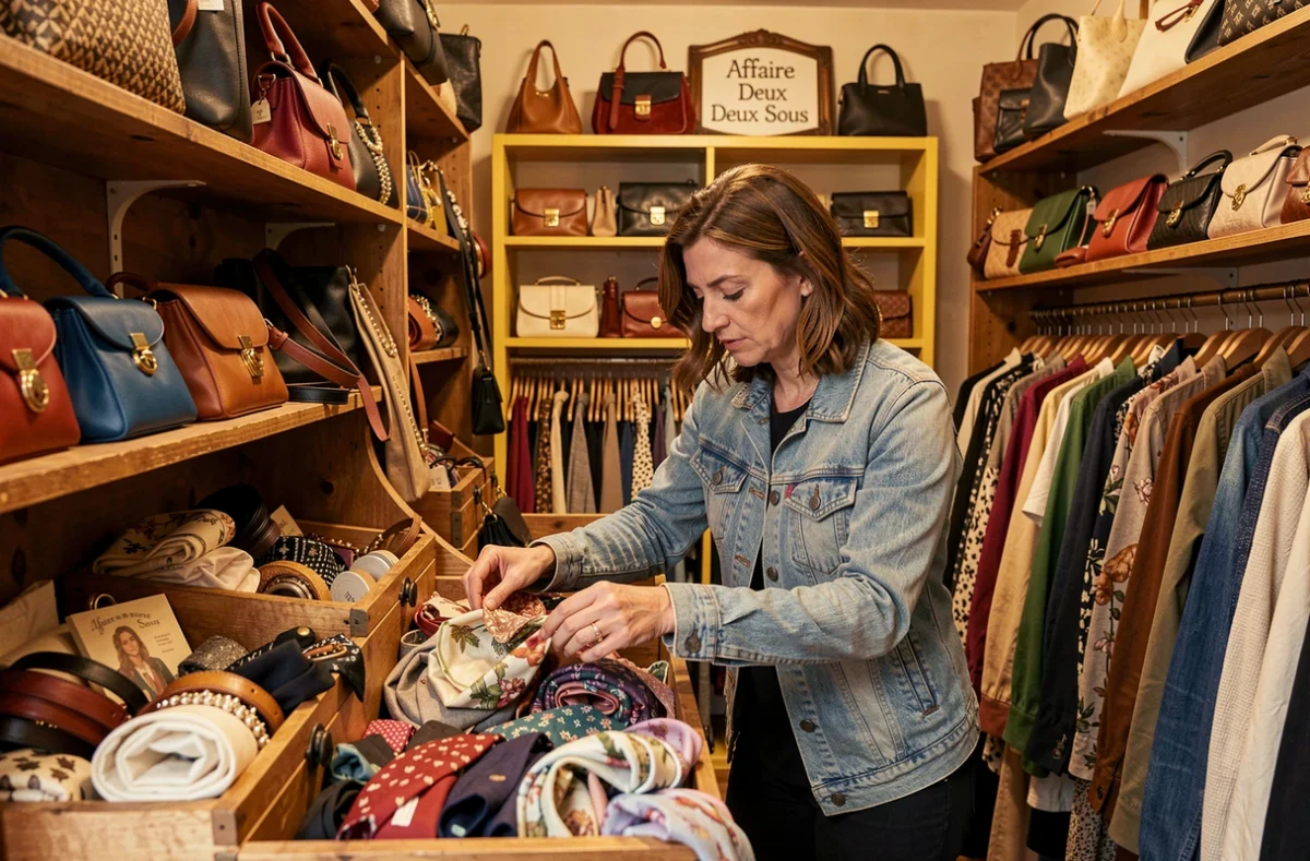 Intérieur de la friperie Affaire Deux Sous avec des bacs remplis d'accessoires vintage et une cliente fouillant parmi des foulards rétro