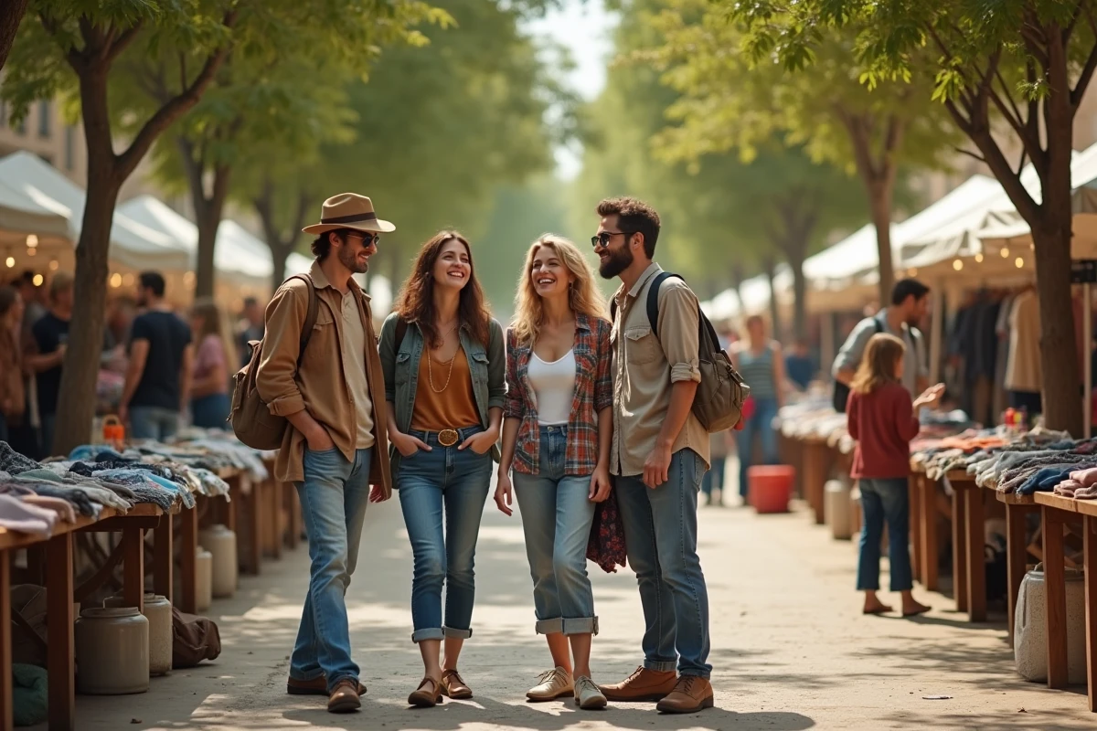 Groupe d'amis faisant du shopping responsable parmi les étals de seconde main à la braderie de Montpellier