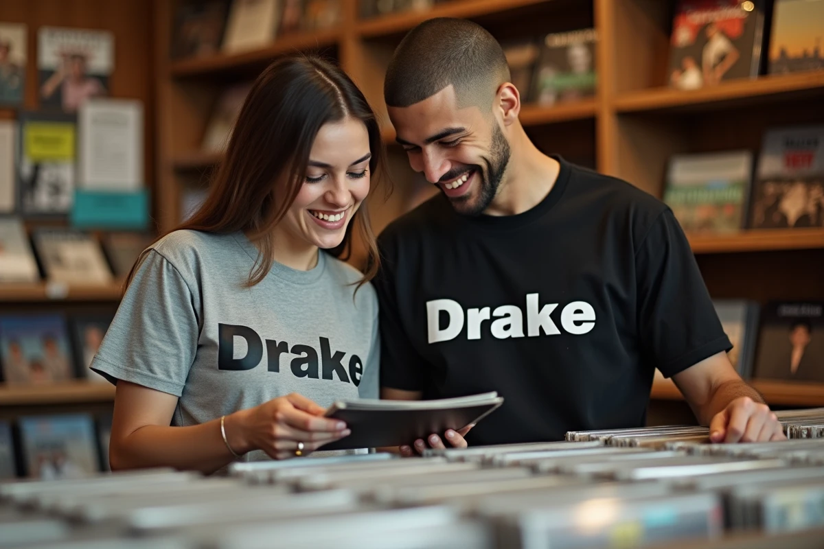 Deux amis en t-shirts Drake dans un magasin de disques indépendant chaleureux