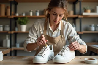 Femme appliquant un fixateur flexible sur des sneakers blancs en cuir pour éviter que la peinture craquelle