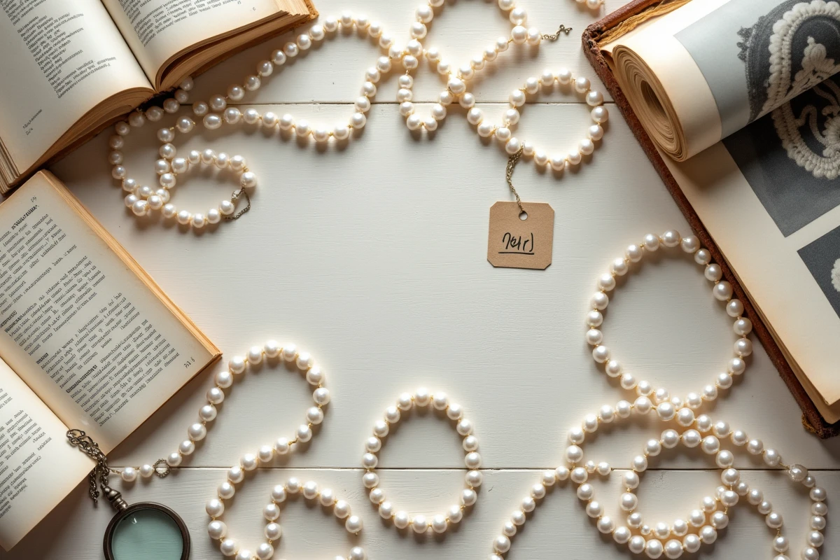 Arrangement de perles de culture d'occasion avec catalogue d'enchères et étiquette de prix sur table en bois