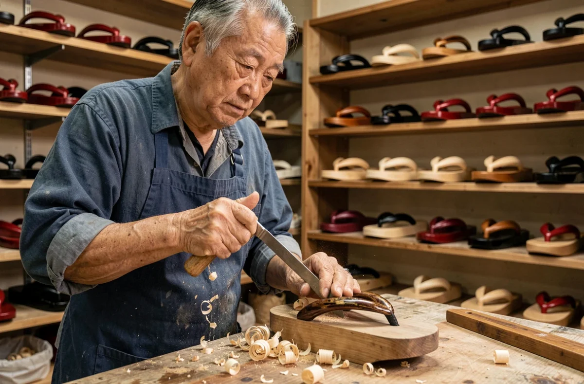 Artisan japonais âgé sculptant à la main une semelle en bois de geta de cérémonie dans un atelier traditionnel de Tokyo rempli de modèles variés