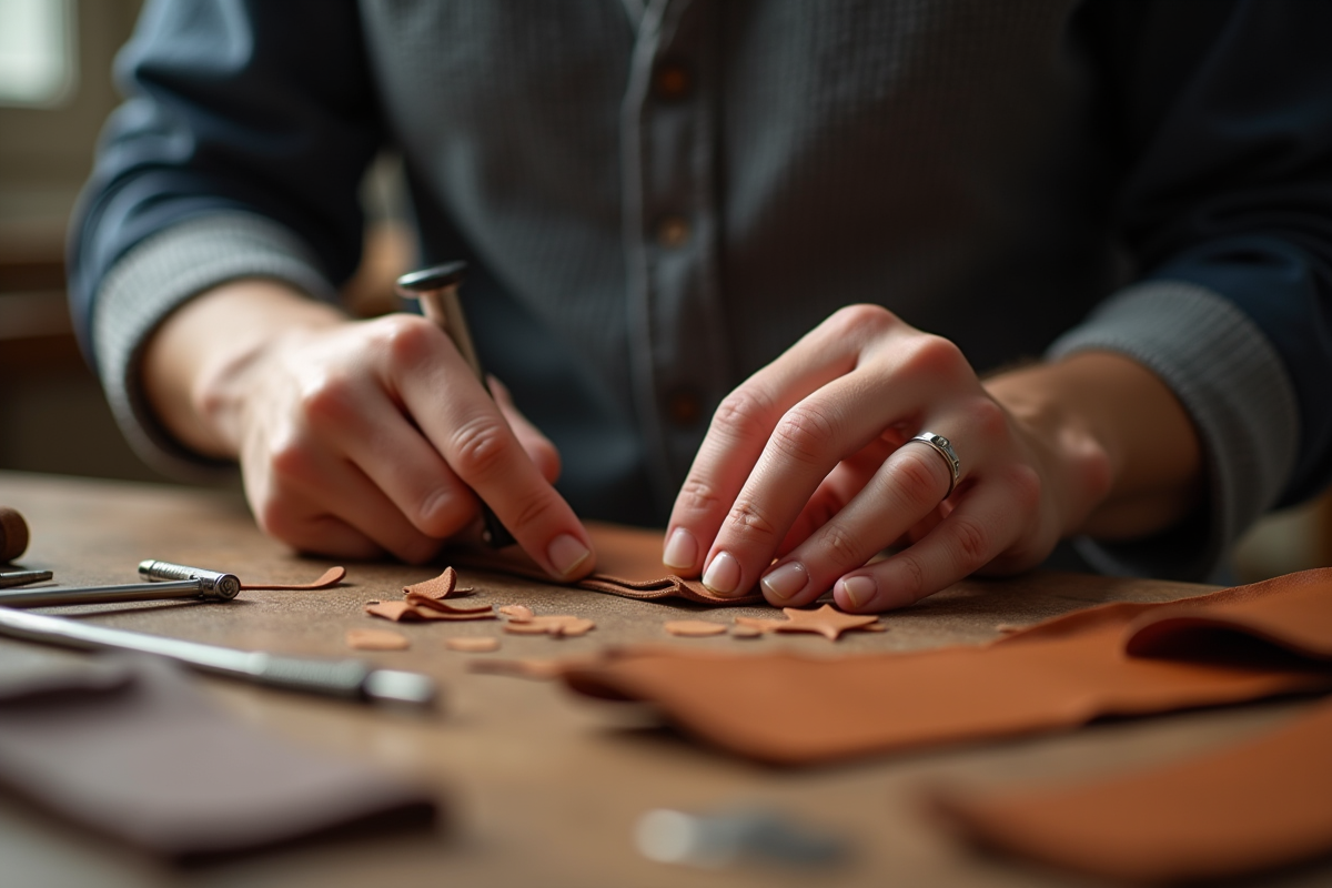 Main d artisan travaillant le cuir avec outils et éclats de cuir