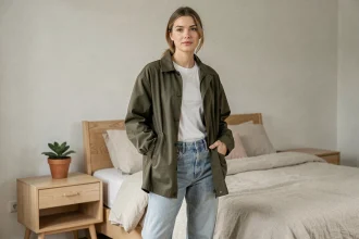 Femme portant une veste oversize streetwear associée à un jean droit et un t-shirt blanc basique dans une chambre minimaliste scandinave