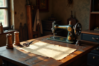 Atelier de couture ancien avec machine à coudre vintage et bobines de fil