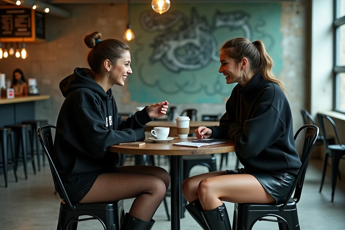 Deux femmes en tenue techno discutant dans un café industriel avant une soirée rave