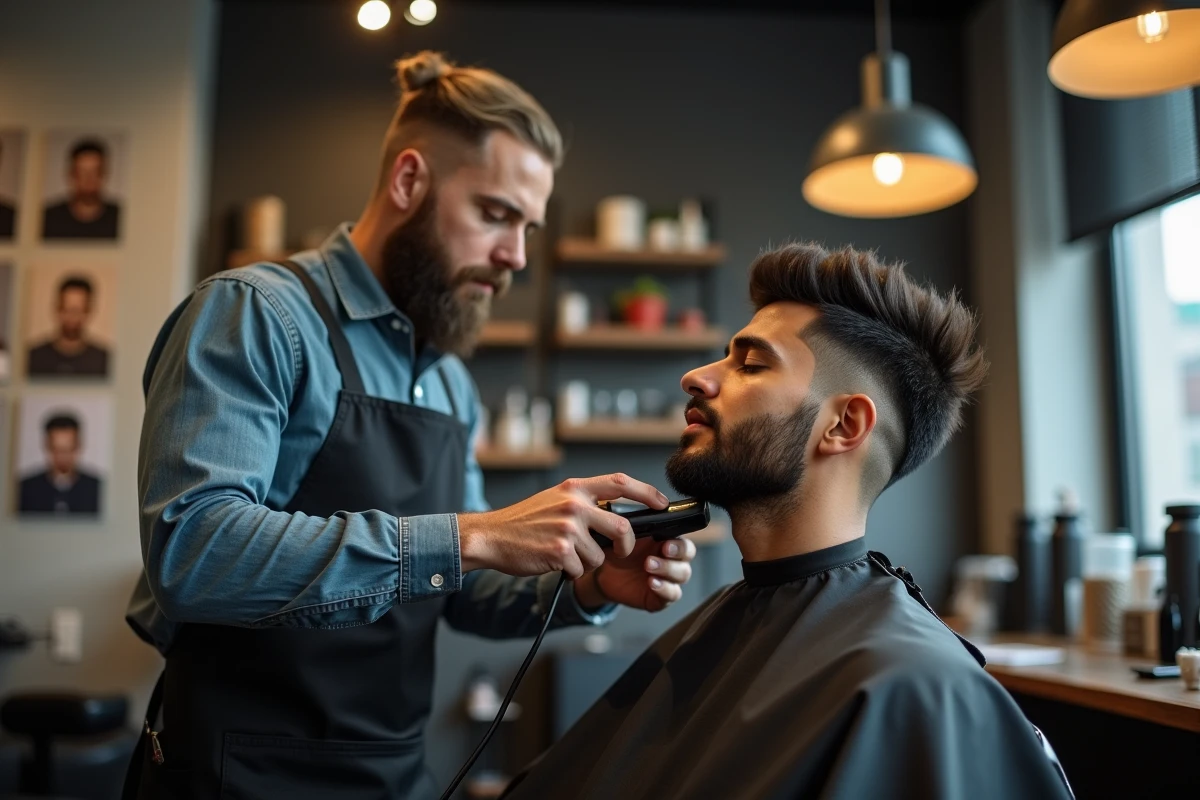 Barbier professionnel entretenant les contours d'un taper fade coupe casquette sur un client en salon