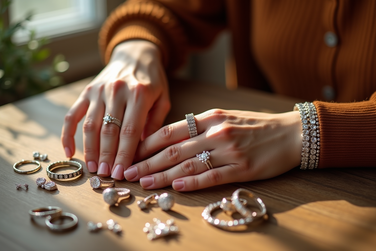 Mains élégantes posant des bijoux en argent et pierres précieuses