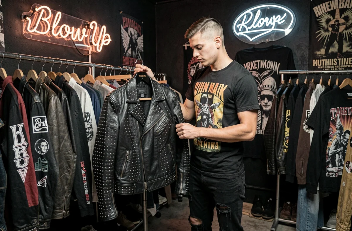 Intérieur de la boutique Blow Up avec des murs sombres, des néons et des rails de vêtements vintage alternatifs dont des vestes en cuir
