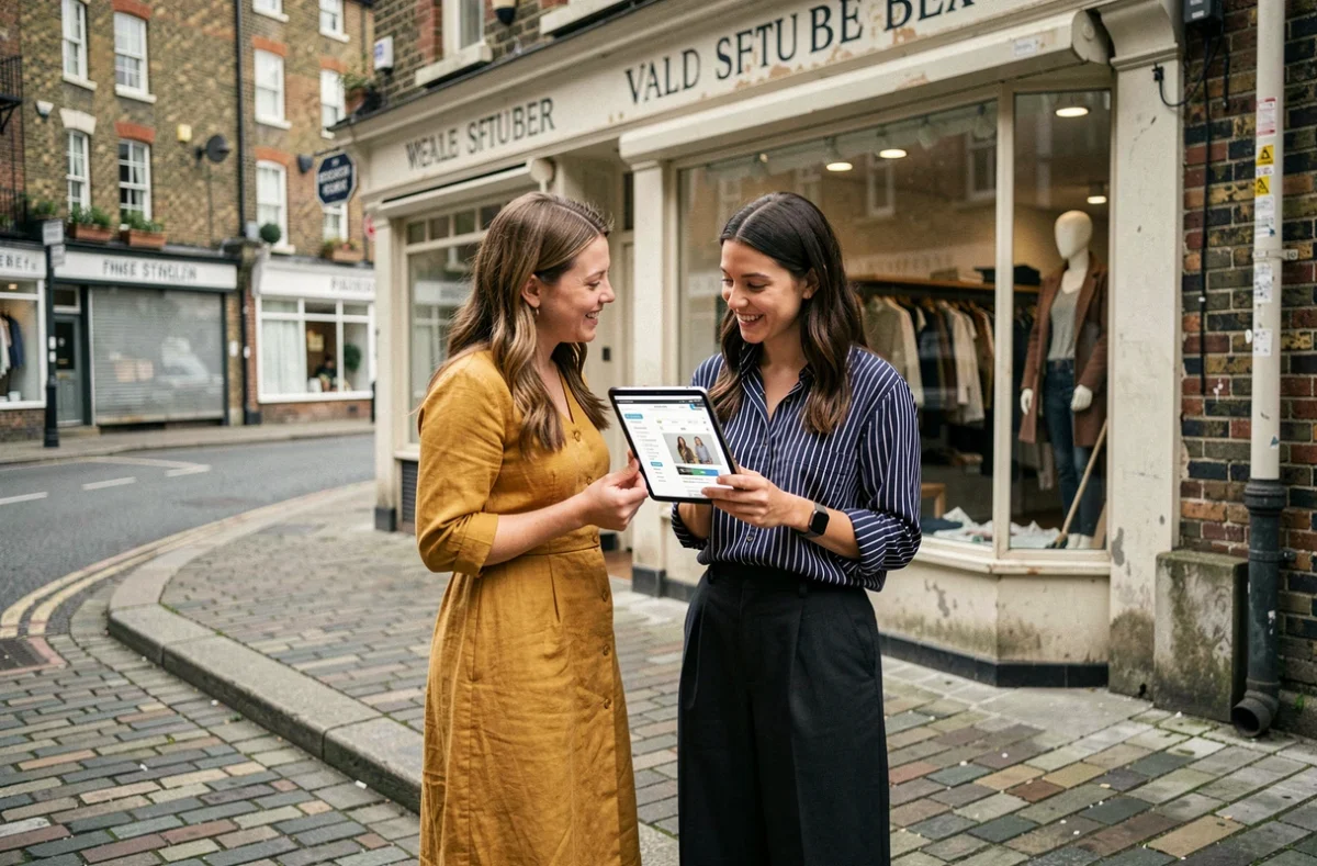 Deux femmes devant une boutique de vêtements physique en consultant un site de mode en ligne sur tablette