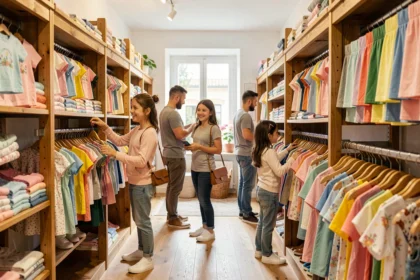 Famille parcourant les rayons colorés d'une boutique de vêtements pour enfants en Haute-Garonne