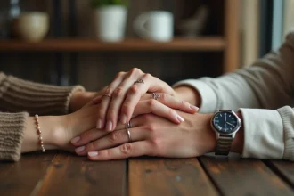 Deux mains de couple enlacées portant des bracelets d'amour personnalisés gravés en argent sur une table en bois rustique