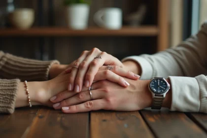 Deux mains de couple enlacées portant des bracelets d'amour personnalisés gravés en argent sur une table en bois rustique