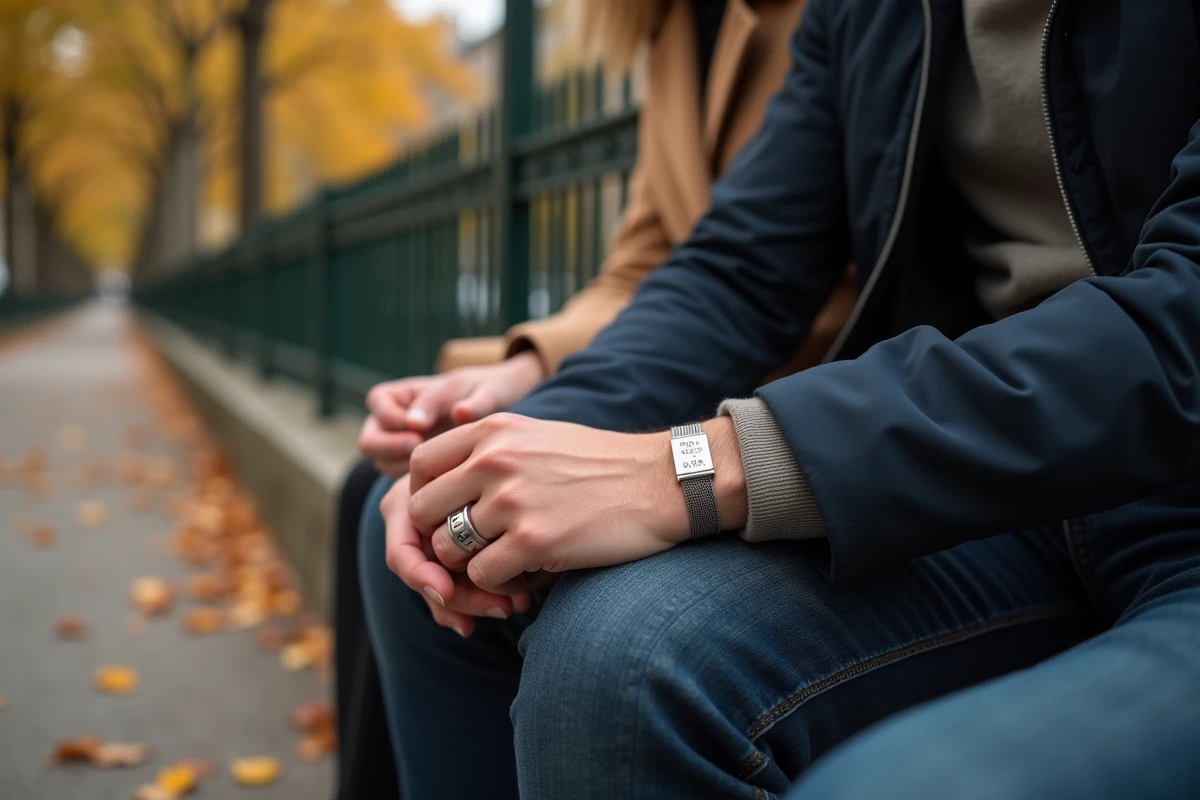 Couple portant des bracelets assortis gravés de coordonnées GPS assis dans une allée parisienne en automne