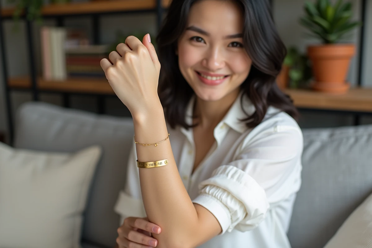 Femme portant un bracelet doré personnalisé gravé d'une date importante dans un appartement scandinave moderne
