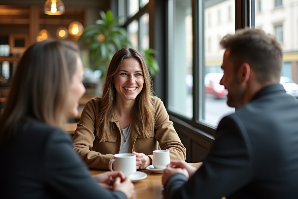 Femme souriante et homme lors d'une rencontre au café
