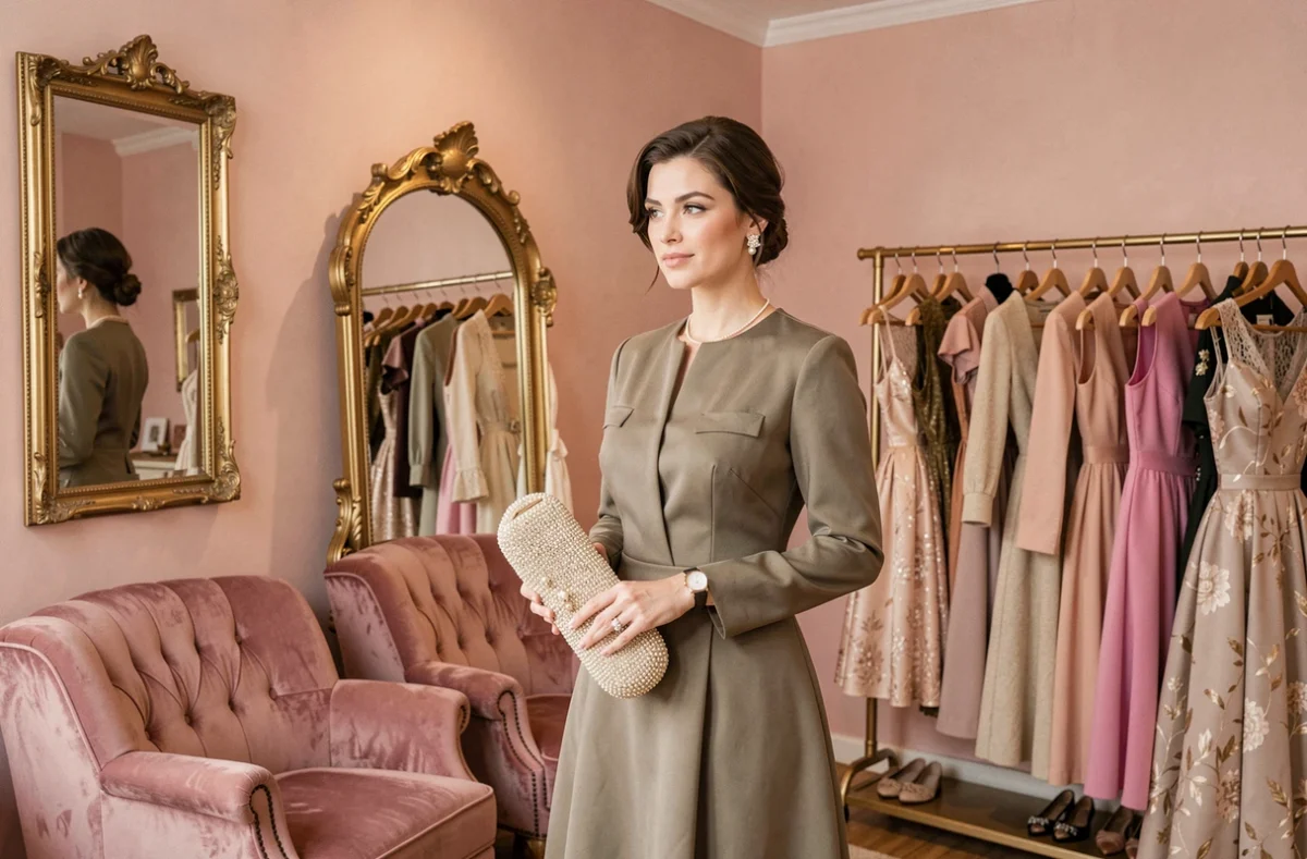 Intérieur élégant de Caprice Vintage Shop avec des murs roses, des miroirs dorés et une cliente en robe vintage des années 50 tenant une pochette ornée de perles