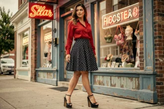 Femme en tenue rockabilly portant des escarpins noirs à plateforme devant une boutique vintage avec enseigne rétro