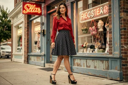 Femme en tenue rockabilly portant des escarpins noirs à plateforme devant une boutique vintage avec enseigne rétro