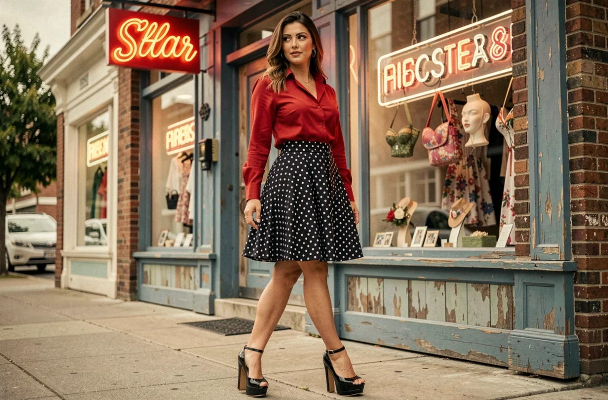 Femme en tenue rockabilly portant des escarpins noirs à plateforme devant une boutique vintage avec enseigne rétro
