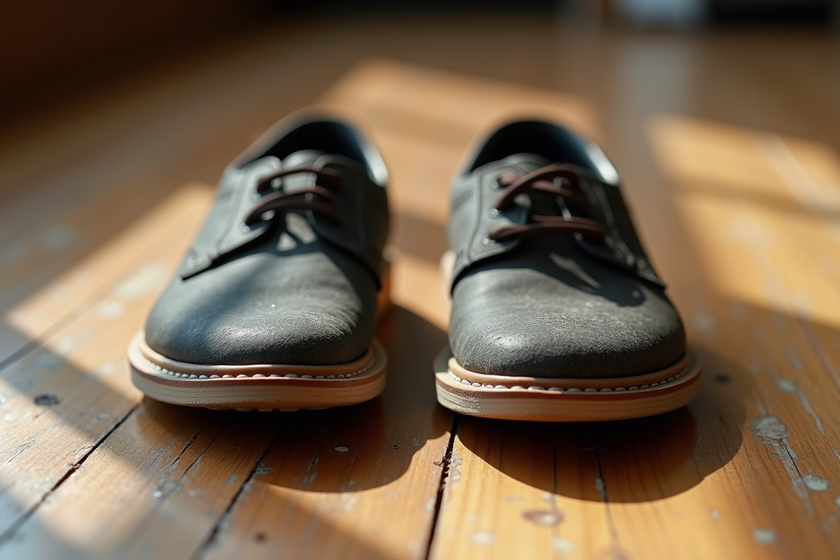 Chaussures de tous les jours côte à côte sur un sol en bois usé