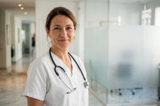 Chirurgienne esthétique professionnelle dans une clinique moderne à Paris, regard confiant et tenue médicale soignée