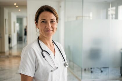 Chirurgienne esthétique professionnelle dans une clinique moderne à Paris, regard confiant et tenue médicale soignée