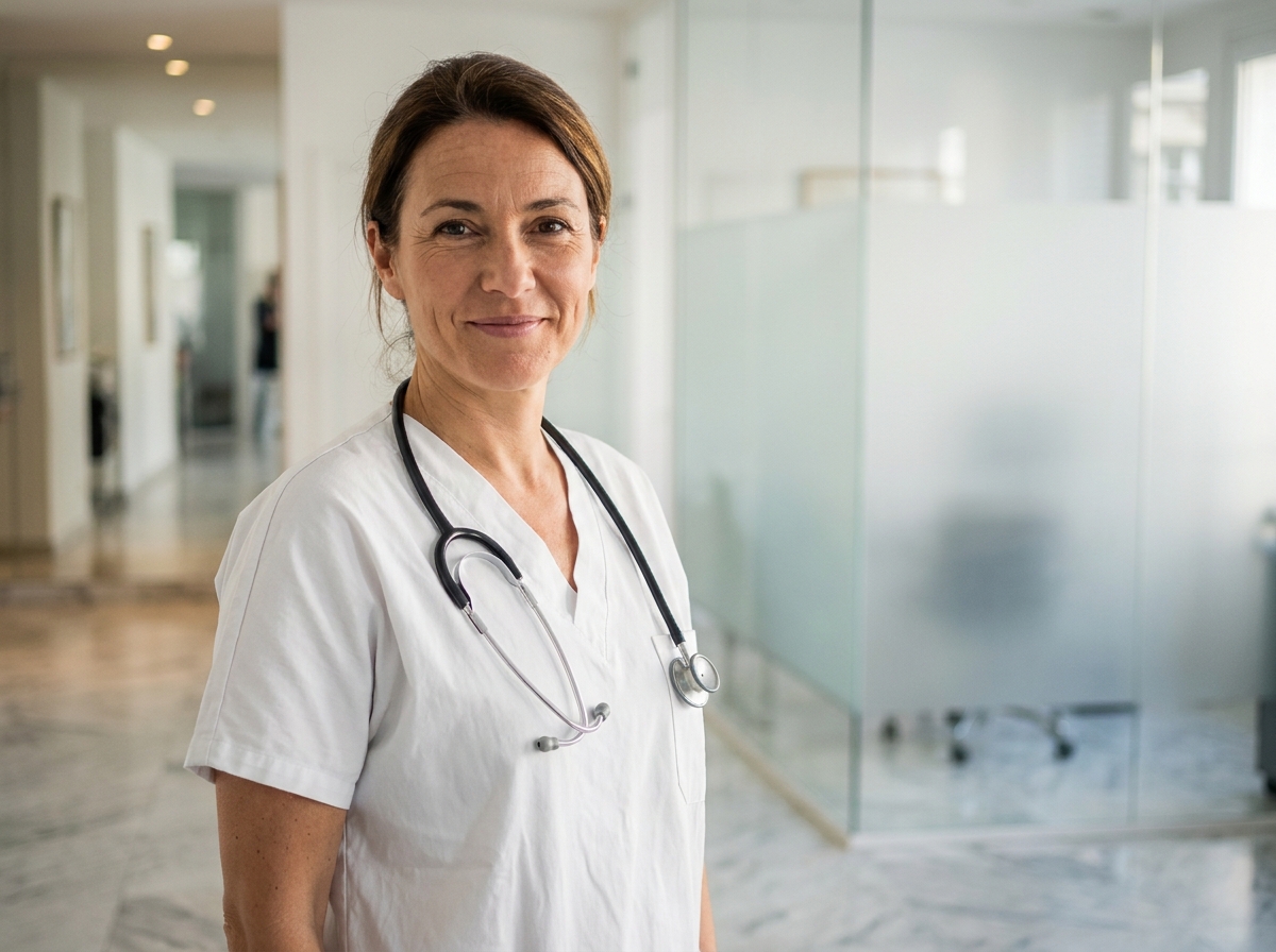 Chirurgienne esthétique professionnelle dans une clinique moderne à Paris, regard confiant et tenue médicale soignée
