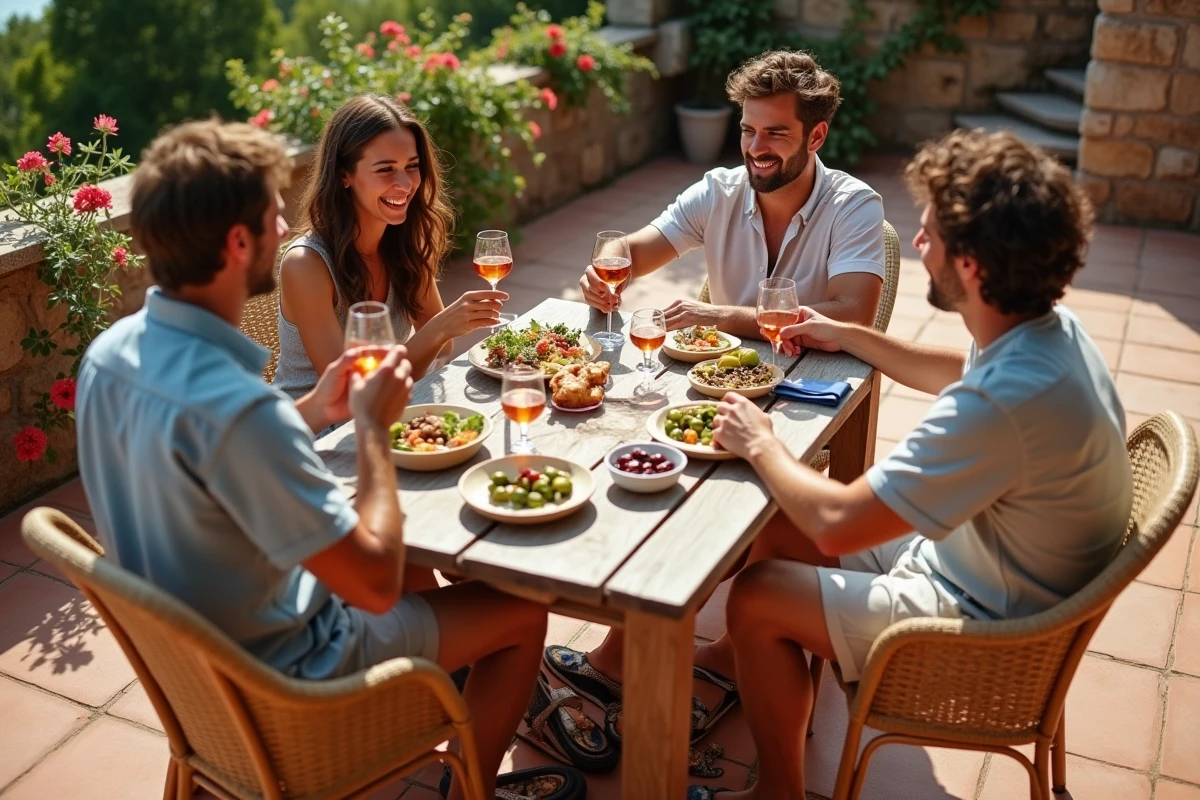 Groupe d'amis à l'apéro en terrasse méditerranéenne portant des claquettes poisson colorées