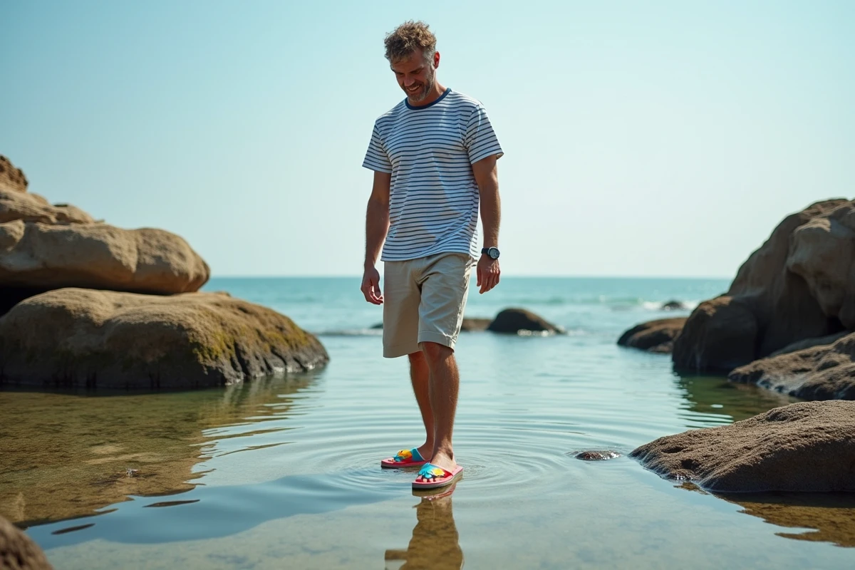 Homme en marinière et claquettes poisson colorées au bord d'une mare rocheuse en bord de mer