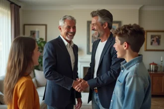 Célébrité masculine saluant une famille dans un salon moderne