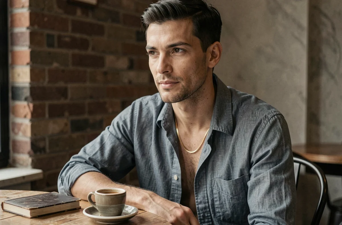 Collier or fin pour homme porté avec une chemise chambray dans un café au décor vintage