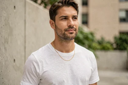 Homme portant un fin collier or discret sur t-shirt blanc en lin, style minimaliste urbain