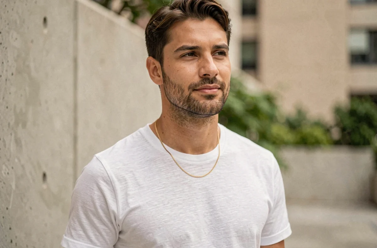 Homme portant un fin collier or discret sur t-shirt blanc en lin, style minimaliste urbain