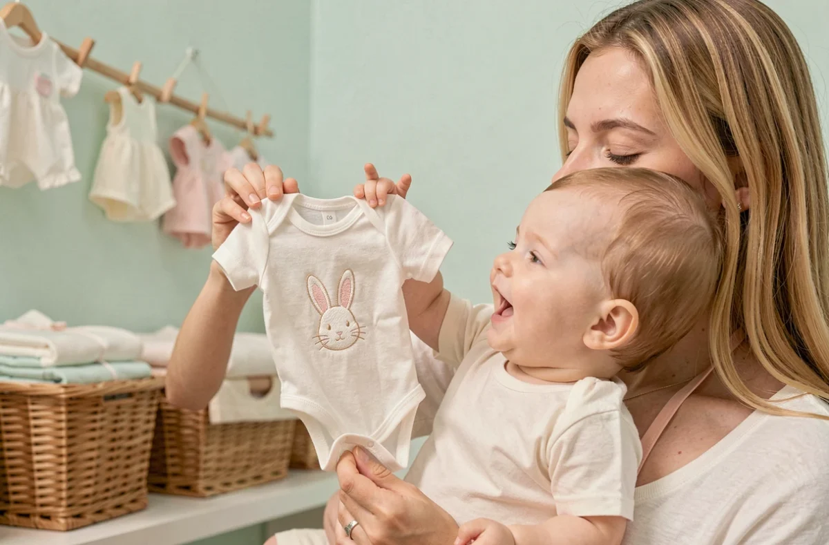 Mère tenant une layette douce pour son bébé dans la boutique La Compagnie des Petits à Toulouse
