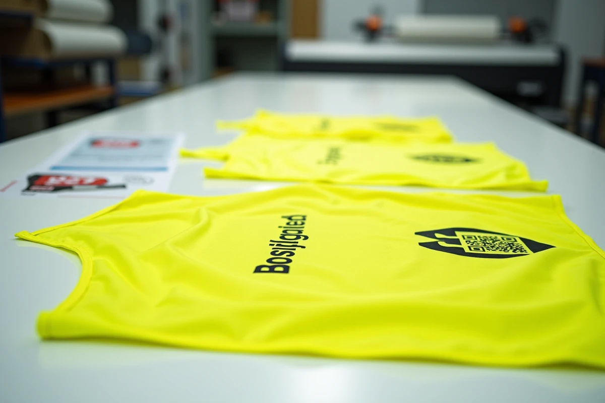 Comparaison de trois gilets jaunes personnalisés avec différentes impressions logo et texte sur table blanche