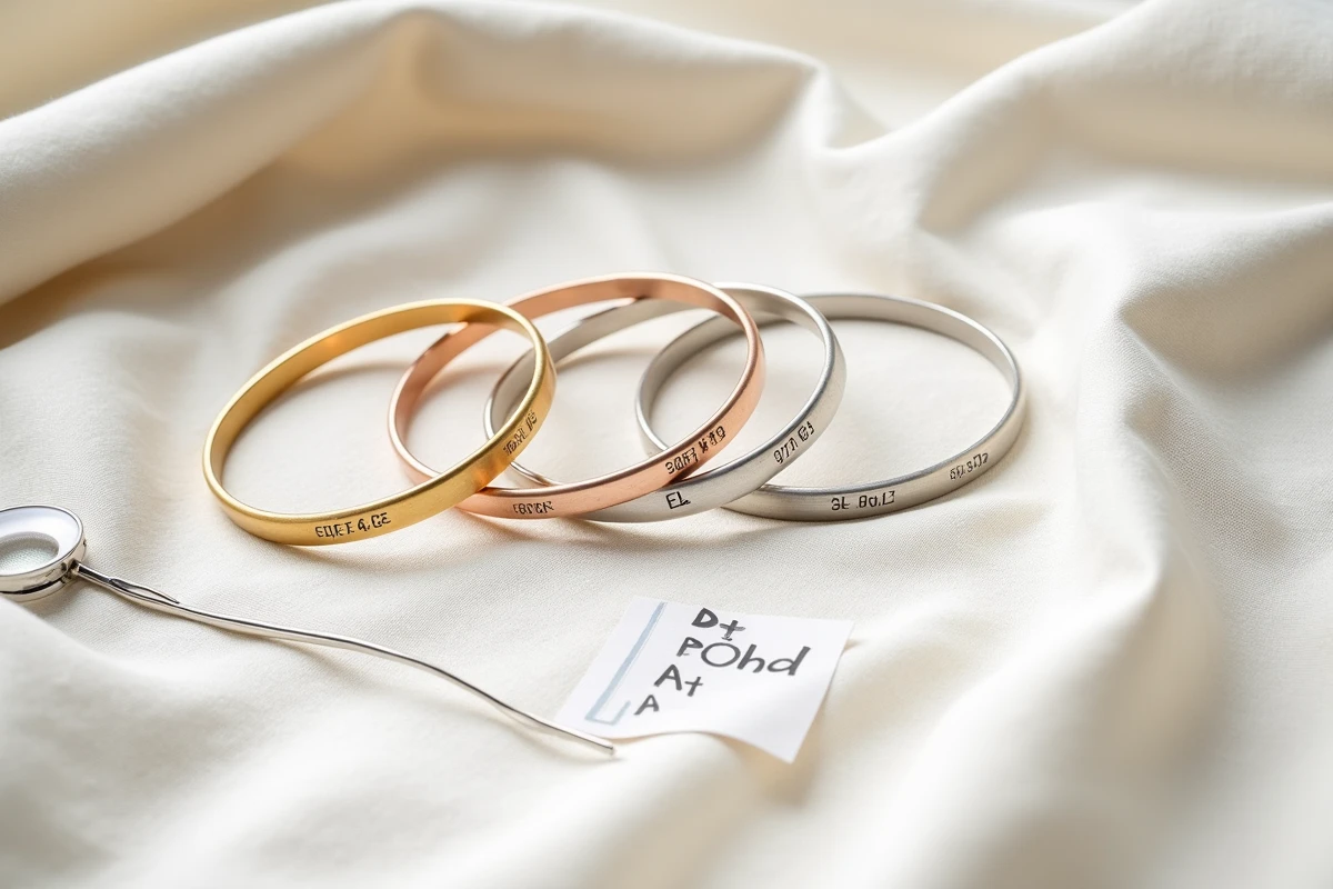 Comparaison de trois joncs personnalisables en or, argent et or rose posés sur du lin avec étiquettes de prix