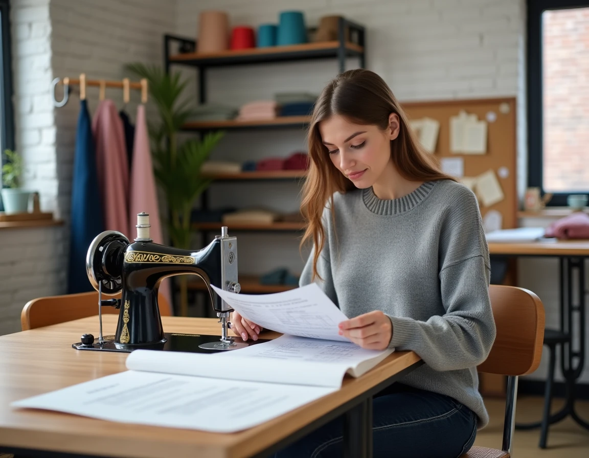 Cliente comparant les tarifs et les délais de couturiers à Reims avec des échantillons de tissu sur une table de travail