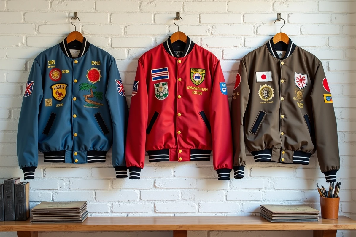 Trois jackets souvenir vintage de différentes décennies suspendues côte à côte, comparatif des broderies Okinawa, Corée et Hawaï pour collectionneurs