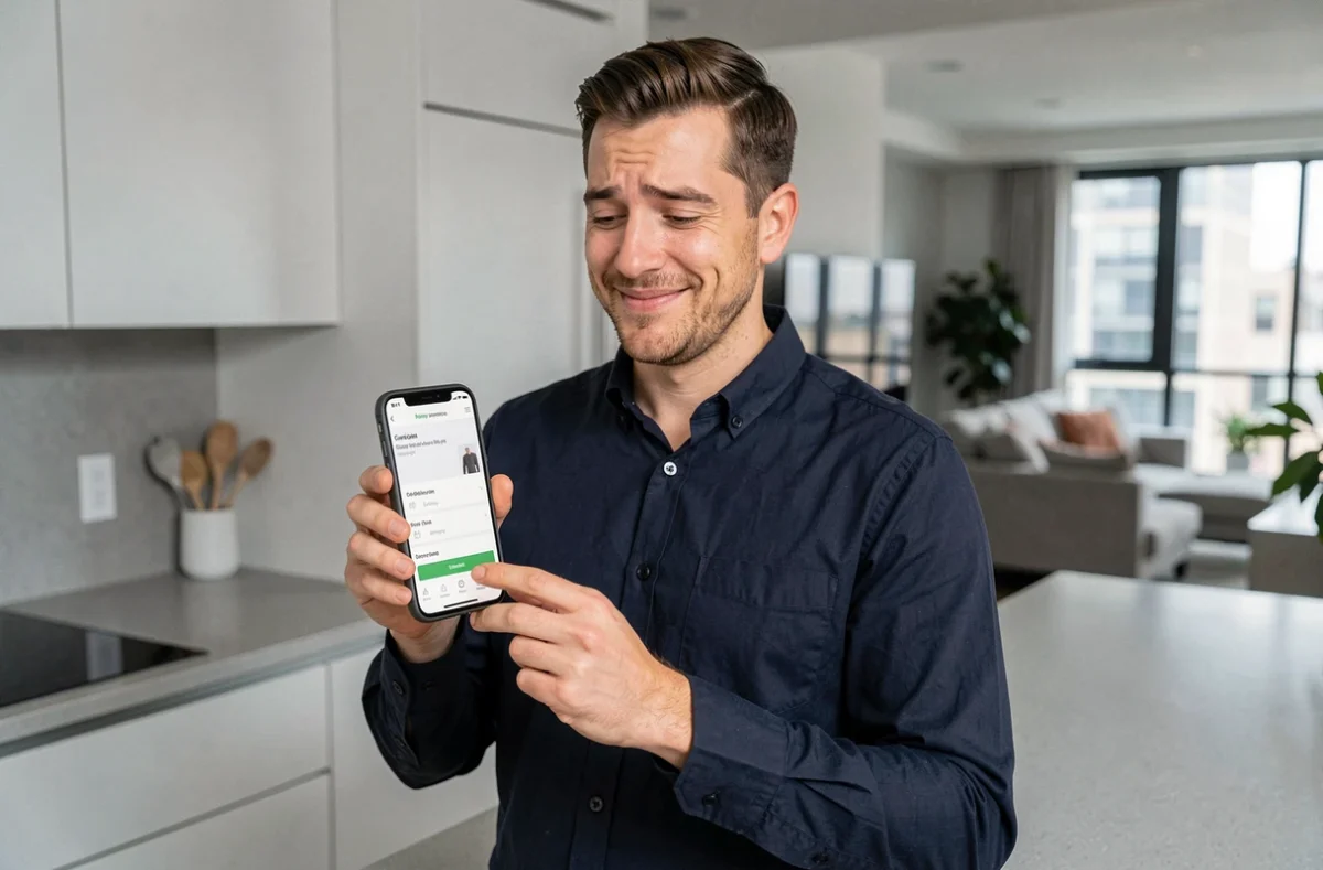 Homme consultant la confirmation de commande d'un site de vêtements en ligne sur son smartphone dans une cuisine moderne