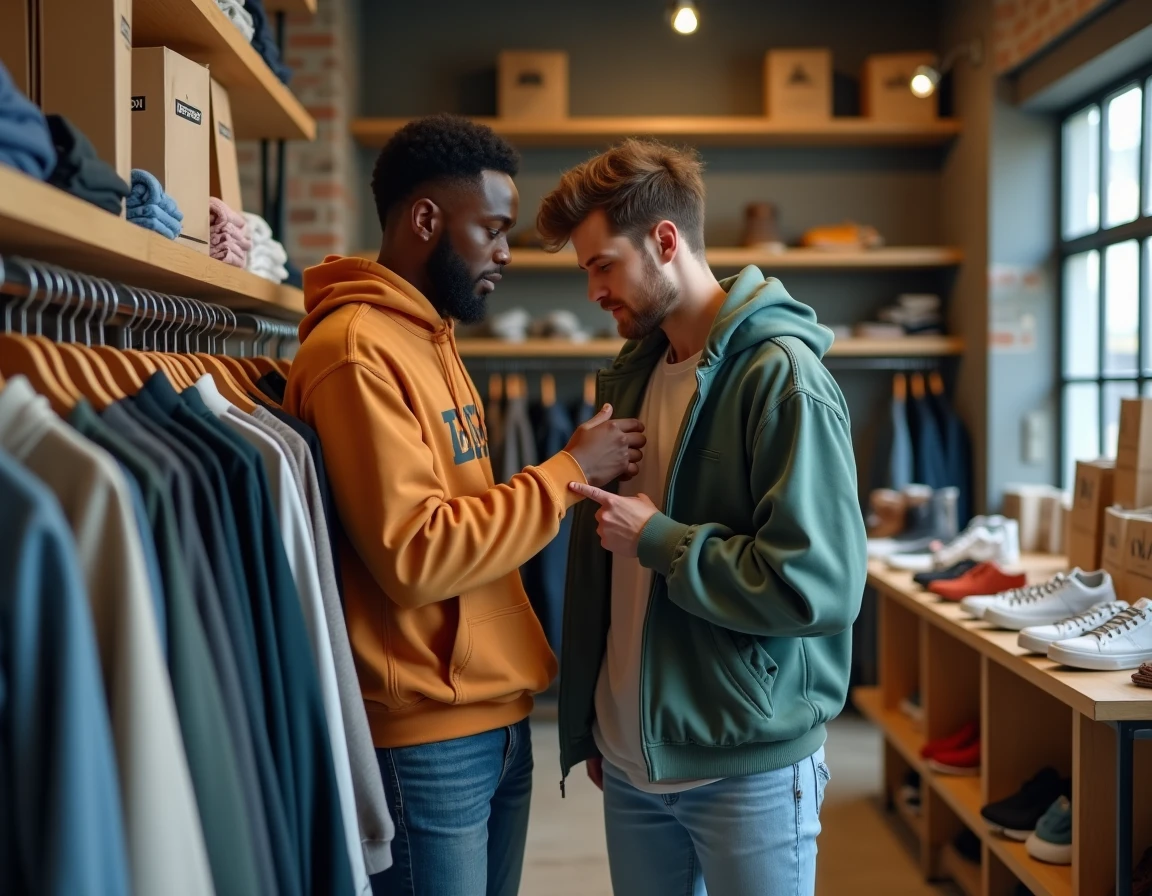 Deux jeunes hommes dans une boutique streetwear examinant des vêtements, évoquant le conseil style et les erreurs à éviter dans les choix vestimentaires streetwear