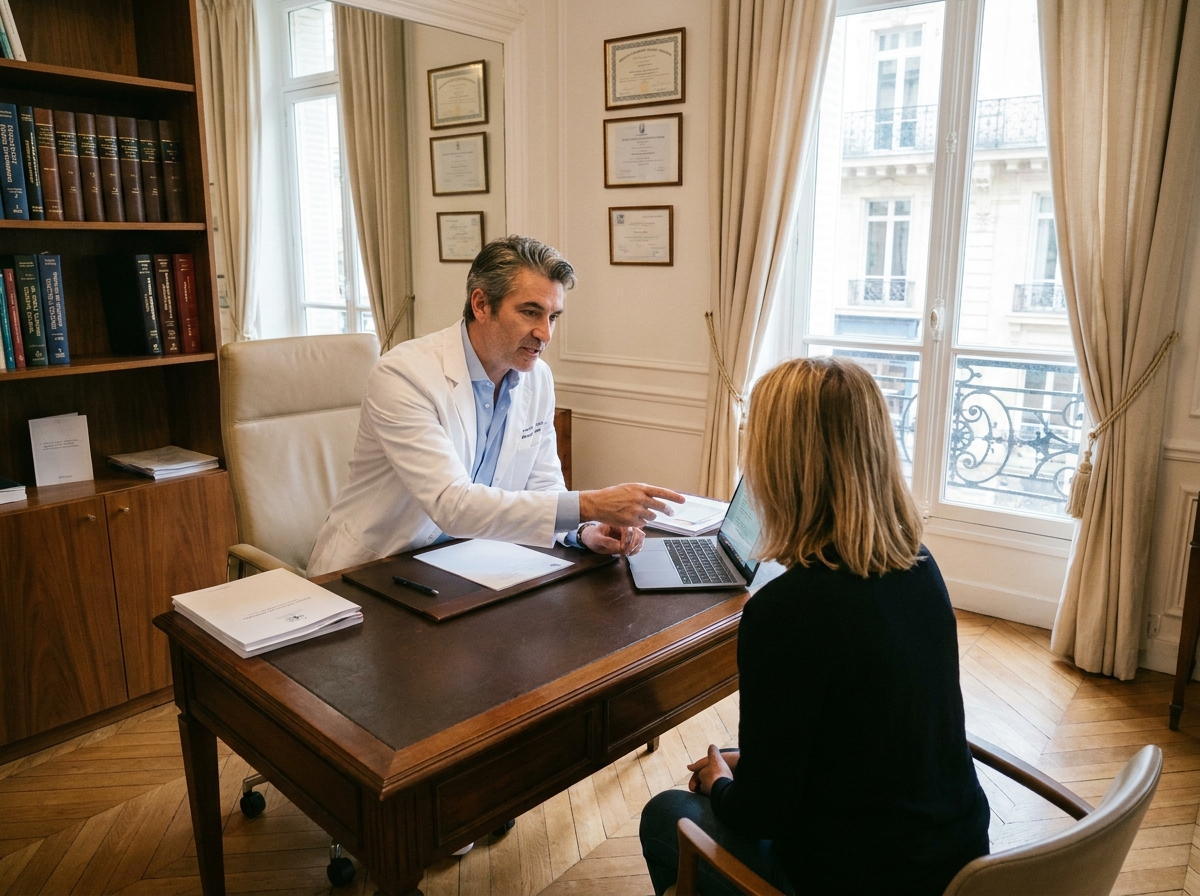 Chirurgien esthétique en consultation avec une patiente dans un cabinet médical haussmannien parisien