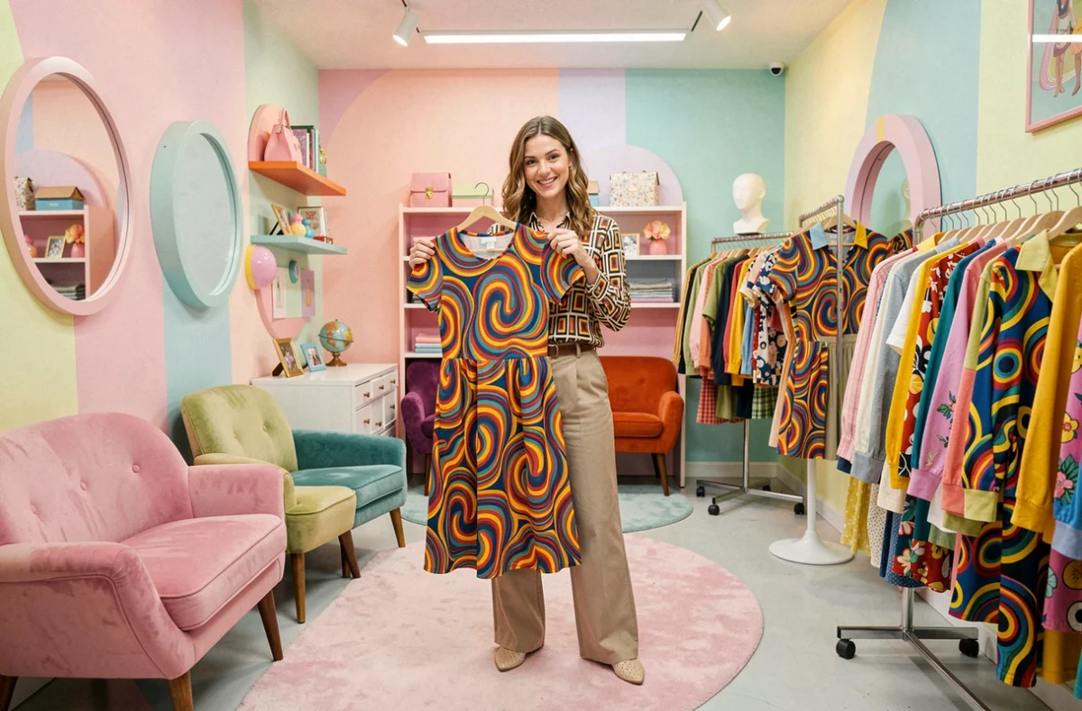 Intérieur coloré de CosmosVintage avec des murs pastel, des meubles rétro des années 60 et une cliente tenant une robe à motifs psychédéliques