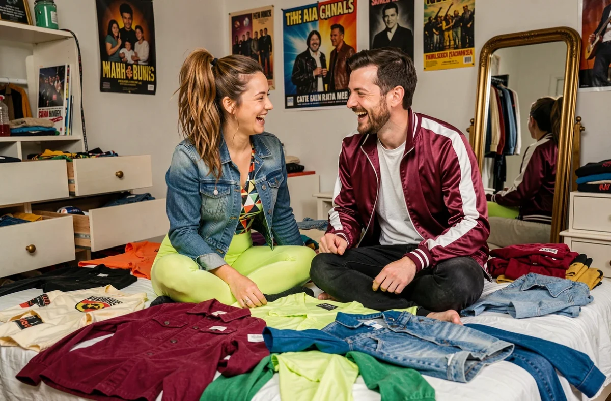 Deux amis comparant leurs costumes années 80 faits maison avec vêtements recyclés posés sur un lit dans une chambre vintage et colorée