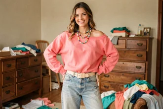Femme en costume années 80 fait maison avec sweat rose, jean délavé et accessoires colorés recyclés dans un salon vintage
